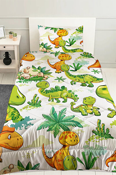 Else Halı Yeşil Turuncu Dinazorlar Desenli Erkek Çocuk Tek Kişilik Kapitoneli...