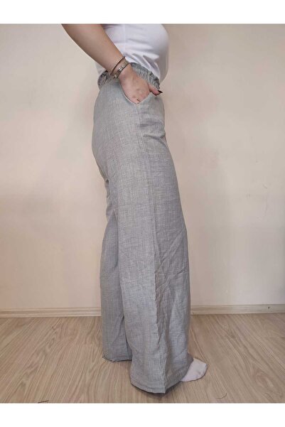 enmodaiçgiyim High Waist and Wide Leg Gray Linen Women's Trousers