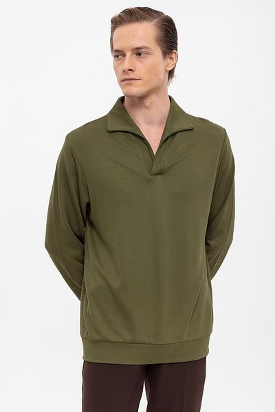 Antioch Green Apache Collar Regular Fit Long Sleeve Sweater