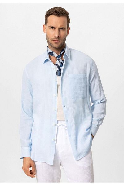 Antioch Baby Blue Muslin Fabric Long Sleeve Men's Shirt