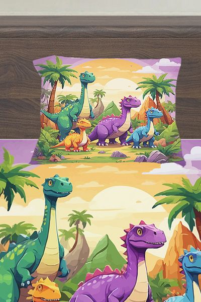Else Halı Colorful Dinosaur Animals Patterned Children's Single Pillowed Sheet Set 100X200 cm