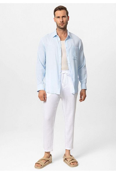 Antioch Baby Blue Muslin Fabric Long Sleeve Men's Shirt
