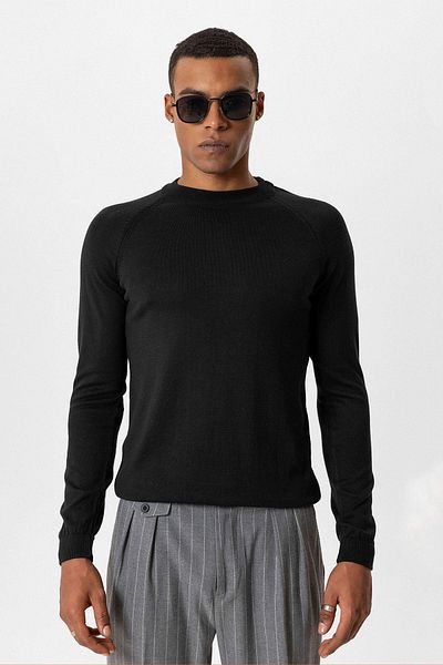Antioch Black Crew Neck Slim Fit Knitwear Sweater