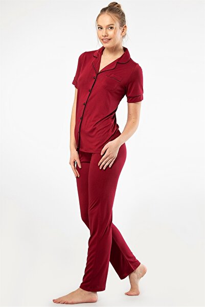 TÜREN 3368 Claret Red Women's Plain Short Sleeve Shirt Collar Pajamas Set