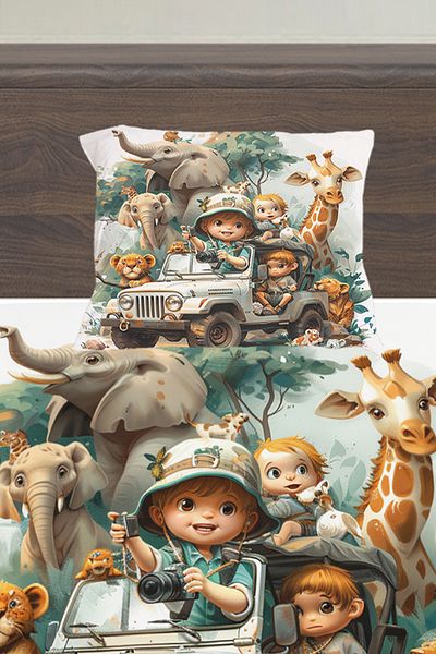 Else Halı African Forest Animals Patterned Boy's Single Padded Sheet Set 100X200 cm