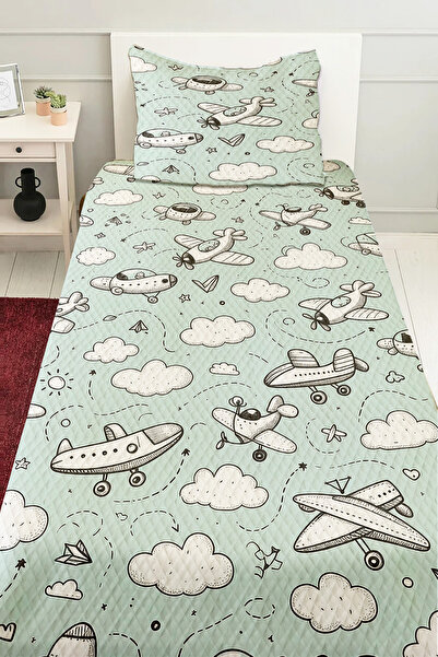 Else Halı Mavi Beyaz Uçaklar Desenli Erkek Çocuk Tek Kişilik Kapitoneli Pike Takımı Yatak Örtüsü