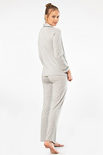 TÜREN 3365 Gray Women's Solid Long Sleeve Shirt Collar Pajamas Set