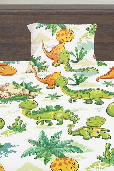 Else Halı Green Orange Dinosaurs Patterned Boy's Single Pillowed Sheet Set 100X200 cm