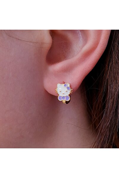 MAGRİB 925 Ayar Gümüş Klipsli Mineli Mor Renk Sevimli Kedi Model Gümüş Çocuk Küpesi