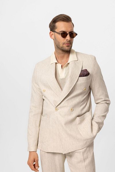 Antioch Ecru-White Linen Blended Double Breasted Closure Men's Blazer Jacket