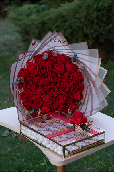 FilizKonuk Yapay 41 Gül El Buketi İsteme Çiçeği ve Çikolatası Söz Nişan Seti ...