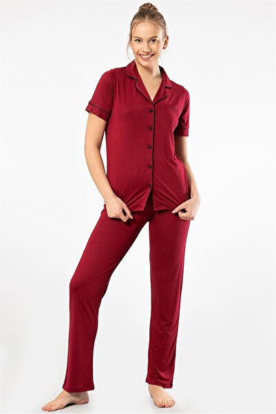 TÜREN 3368 Claret Red Women's Plain Short Sleeve Shirt Collar Pajamas Set
