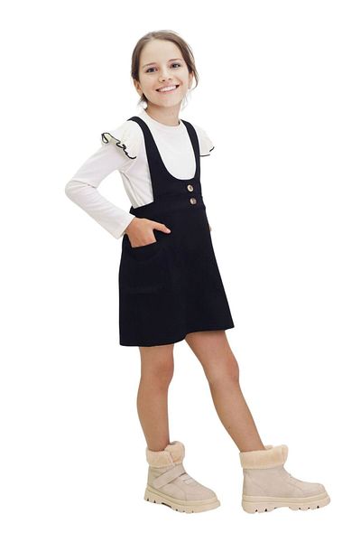 Minigimin Cicileri Gabardine Girl's Salopette - My Little's Flowers, Side Pocket, 2-Piece Set - Black