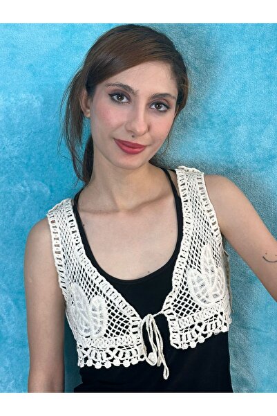 Gönülden Tasarım Ecru Γυναικείο Μίνι Γιλέκο - Κέντημα με Floral Pattern, Crop Γιλέκο Lace Up