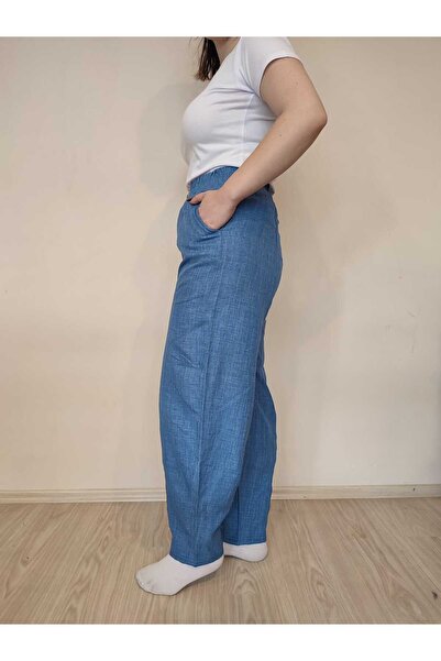 enmodaiçgiyim High Waist Linen Women's Trousers - Dark Blue Shalwar