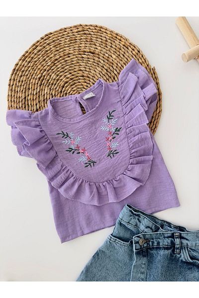 Minigimin Cicileri My Mini Asymmetrical Jeans Set with Embroidery Detail - Purple