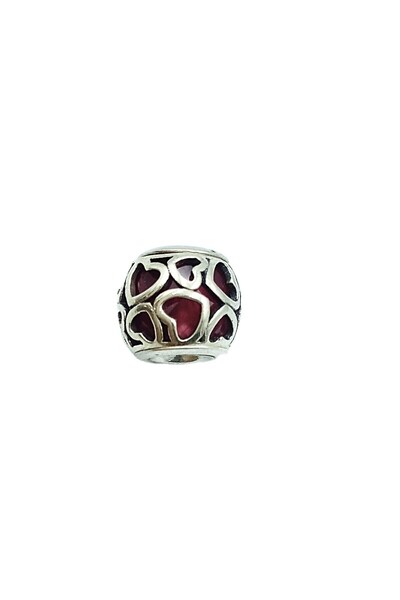 Defne Silver Heart Figured, Red Stone Round Charm