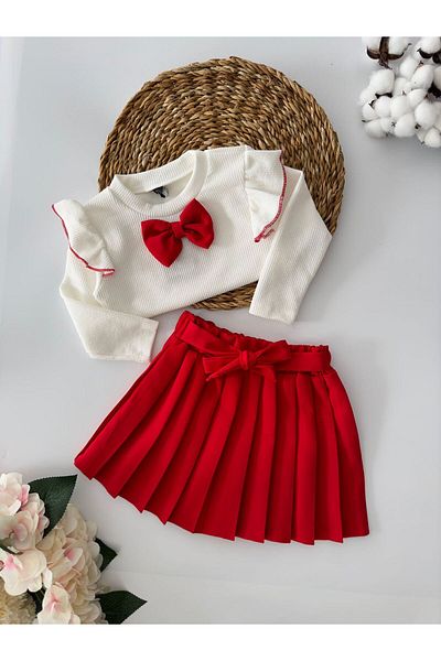 Minigimin Cicileri Girl's My Mini Pleated Skirt and Bow Detailed Suit - Red