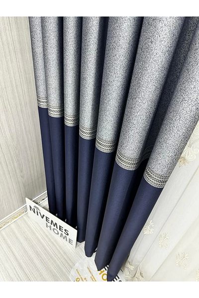NİVEMESHOME Nivemeshome Manavgat Navy Blue Ft632113 V-507 1/3 Close Pleated Background Curtain Apm