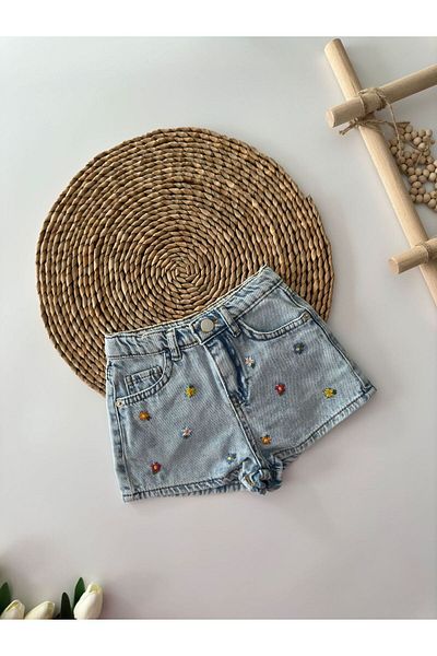 Minigimin Cicileri My Little Girl's Denim Shorts - Flower Embroidered, Light Blue