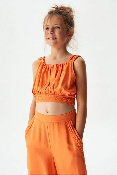 Minigimin Cicileri Orange Knitted Patterned Trousers Set for 8-14 Years Old Girls