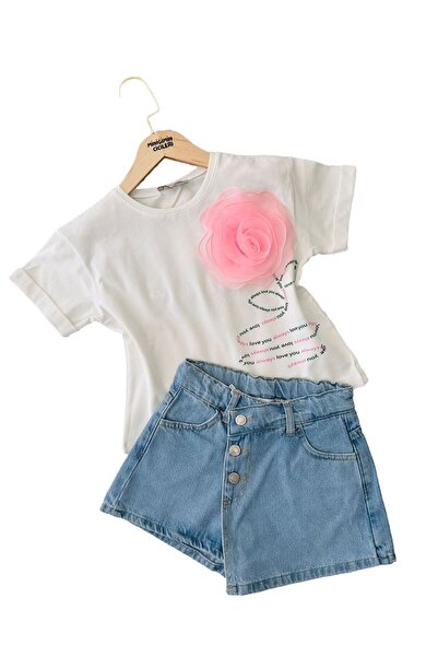 Minigimin Cicileri Σετ μπλουζάκι και τζιν με μοτίβο τριαντάφυλλο για κορίτσια Kids My Mini - Λευκό-Μπλε