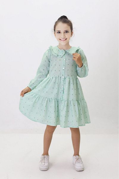 Minigimin Cicileri Green Girl's Lined Dress - Flower Printed, Buttoned My Junior Flowers