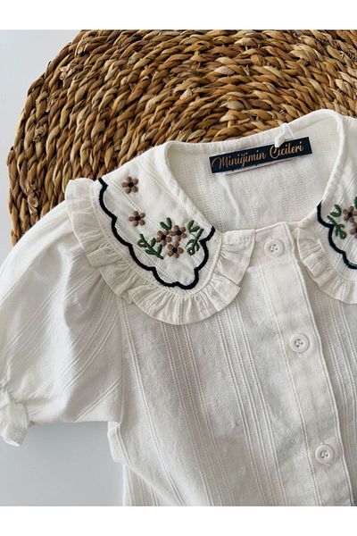 Minigimin Cicileri Girl's Stylish Set - Embroidery Detailed My Little's Flowers and Jeans Shorts - Smoked