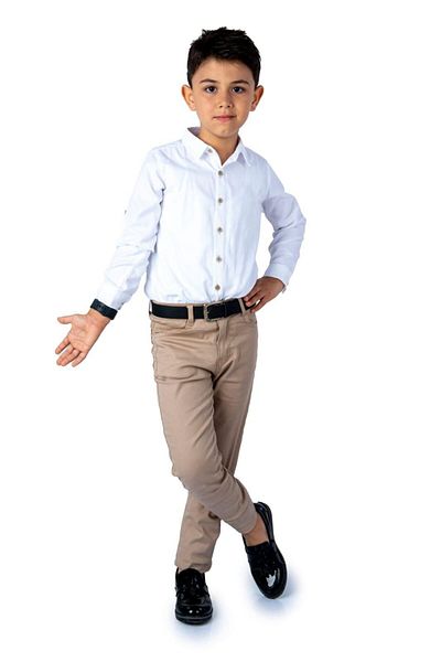 Minigimin Cicileri Boy's Gabardine Shirt and Belt Suit - My Little Flowers, Long Sleeve - White-Tan