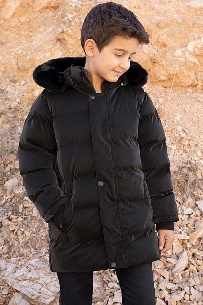 Cansın Mini Black Boy's Puffer Jacket with Removable Hood and Fur Inside 19690