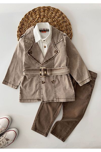 Minigimin Cicileri Boy's Combo - Trench Coat, Trousers and Shirt, Buttoned Flowers, Brown Foam
