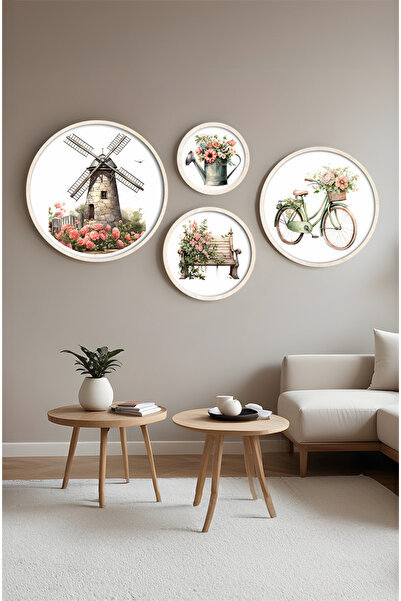 huhuli Ahşap Çerçeveli Modern 4'lü Yuvarlak Tablo Seti Huhu416