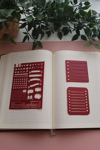 Karmelom Studio Red Bullet Journal Design and 2-Piece Square Note Holder Template Ruler Set