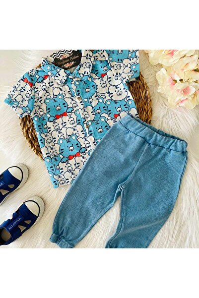 Minigimin Cicileri طقم أطفال أنيق باللون الأزرق - طفل صغير مع قميص ذو طابع لطيف