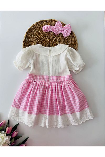 Minigimin Cicileri Rochie pentru fetiță din bumbac, rochii roz pentru fetiță - festonată Gingham