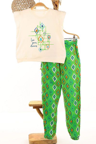 Minigimin Cicileri Green Minnie's Flowers Love Your Dreams Diamond Patterned Girl's Viscon Set