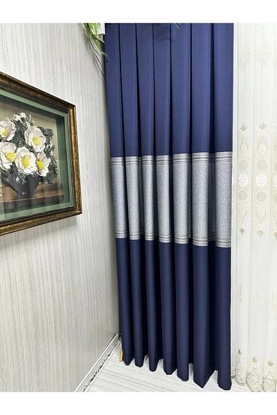 NİVEMESHOME Nivemeshome Manavgat Navy Blue Ft632113 V-507 1/3 Close Pleated Background Curtain Apm