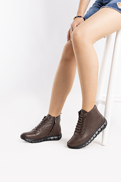 VENZA Hakiki Deri Ortopedik Fermuar Ve Bağcıklı Comfort Bot Fr5520 Kahve