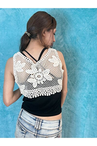 Gönülden Tasarım Екрю жилет - трико з вишивкою, з кроп-дизайном, стандартний розмір