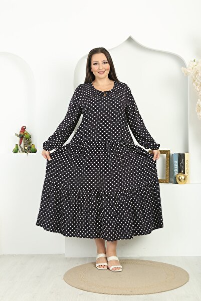 XL Modam WOMEN'S LARGE SIZE WOVEN VISKOSE NAVY BLUE WHITE POINTED DRESS