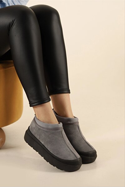 POLENS Kadın Gri İçi Yünlü Kürklü Lastikli Ultra Mini Bot & Bootie