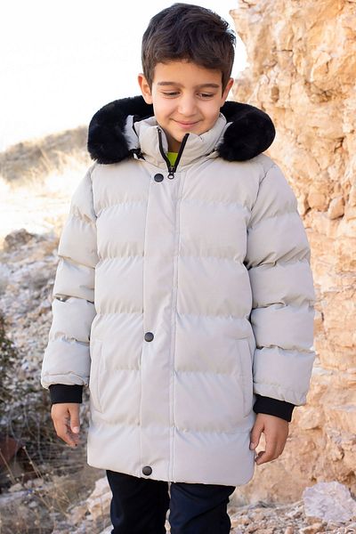 Cansın Mini Gray Fur Lined Detachable Hooded Boy's Puffer Jacket 19693