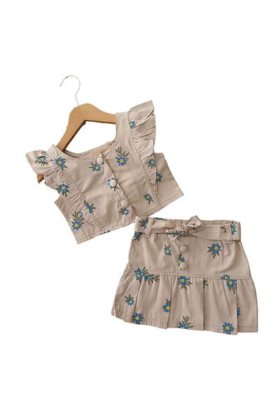 Minigimin Cicileri Floral Embroidered Pleated Skirt and Buttoned Blouse for Girls - Blue