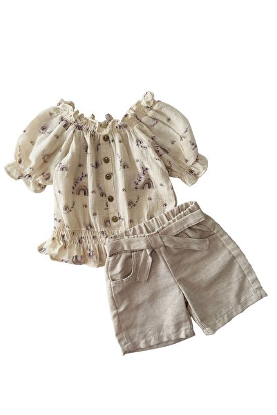 Minigimin Cicileri Mortaş My Mini's Flowers Watermelon Sleeve Boat Neck Shorts Muslin Set