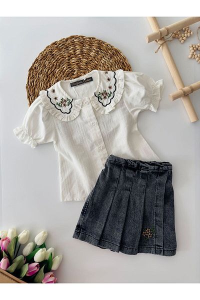 Minigimin Cicileri Girl's Stylish Set - Embroidery Detailed My Little's Flowers and Jeans Shorts - Smoked