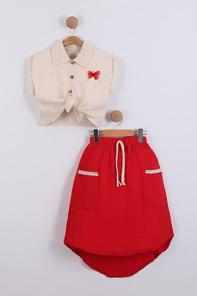 Minigimin Cicileri My Little Girl's Muslin Shirt and Asymmetrical Skirt - Set of 2 with Bow, Red