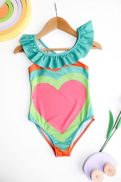 Minigimin Cicileri My Heart Patterned Children's Swimsuit - Cross Strap and Multicolor
