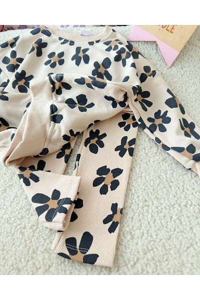 Minigimin Cicileri Girl's Set with Ribbed Tights and Floral Pattern - Beige