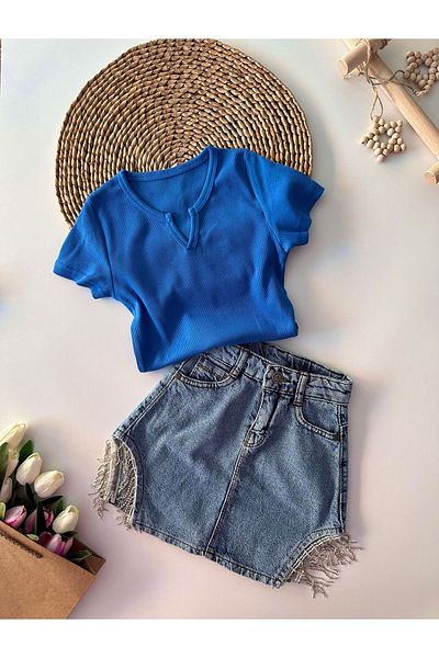 Minigimin Cicileri My Girl's Mini - Fusta din denim cu lanț și Badi cu nervuri - Albastru