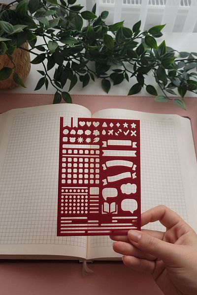 Karmelom Studio Red Bullet Journal Design and 2-Piece Square Note Holder Template Ruler Set